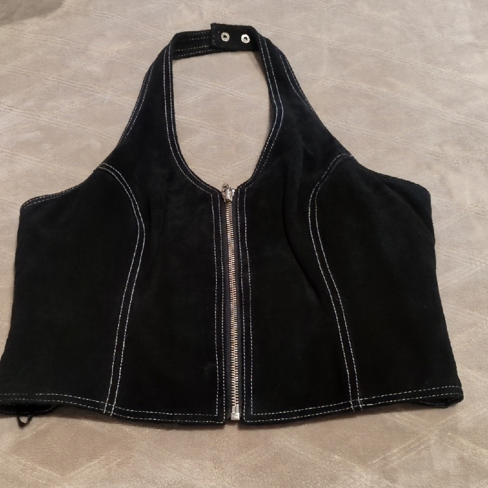 Black suede Halter Zip-Up Vest Small